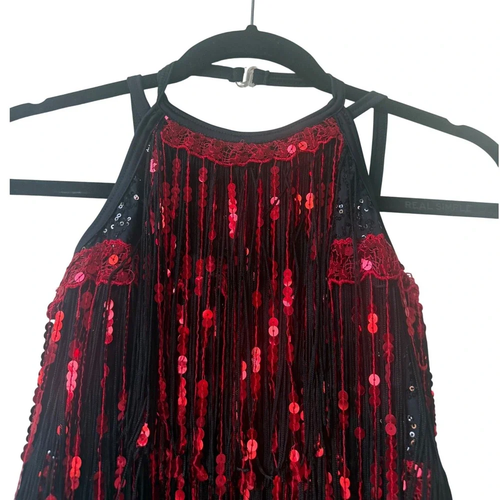 Weissman Kids Dance Costume Sequin Fringe‎ Leotard Black Red Sparkle Performance